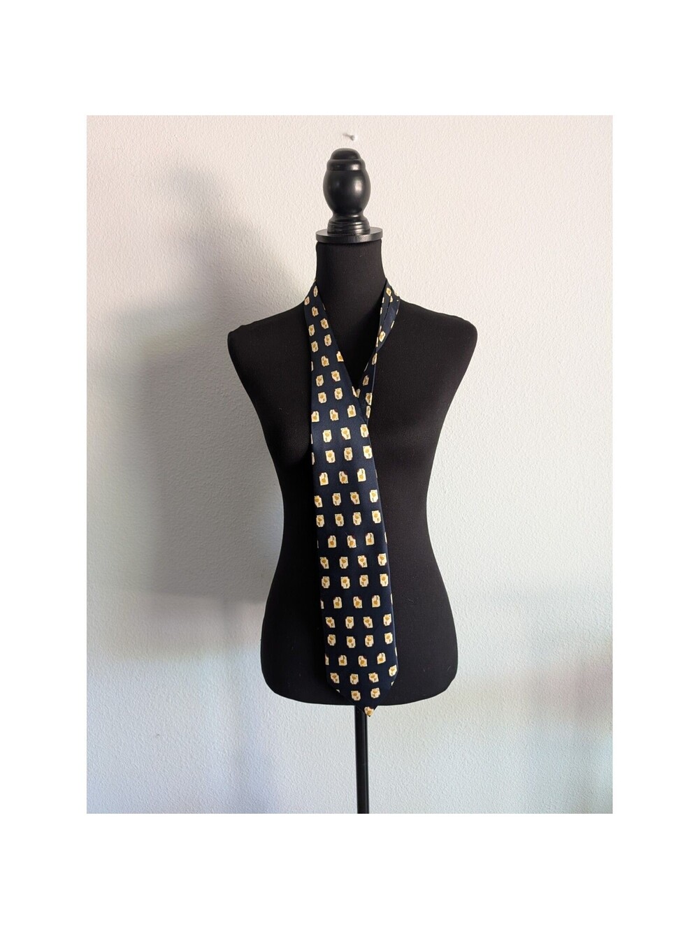 Dunhill Navy Silk Geometric Gold Medallion Pattern Tie